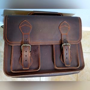 Leather Briefcase - Brown Leather with Deep Orange Stitching